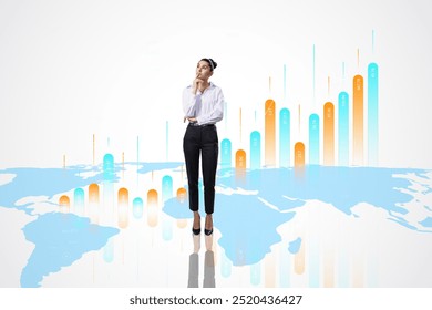 Businesswoman in formal attire analyzing bar graph data on a world map. Light background, closeup. Concept of business analysis, strategy