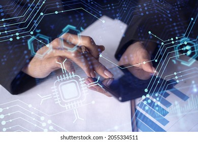 Businesswoman In Formal Wear Checking The Phone To Sign The Contract To Create A Software To Present It At Start Up Conference And Gain Investments For Innovative Service. Hologram Tech Graphs.