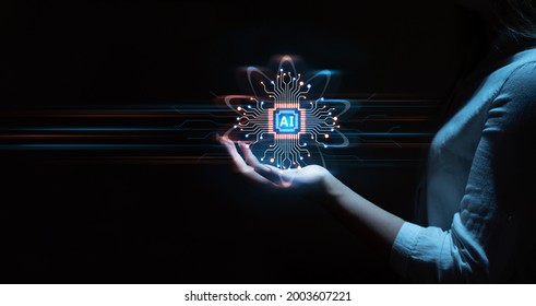  Businesswoman hand holding data of brain digital. Artificial intelligence technology. Machine Learning business concept.