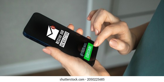 Businesswoman hand press the subscribe button to newsletter email. Contact us, register a new member concept background 