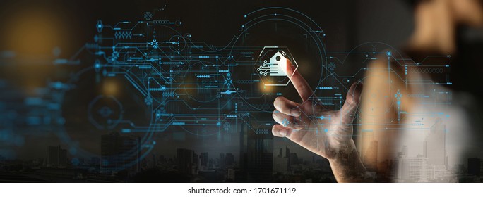 Businesswoman Hand pushing Smart home Automation Control System Ui with Innovation technology internet Network,Working remotely from home concept.