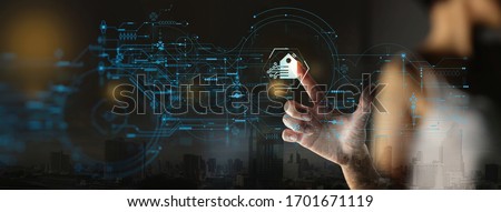 Businesswoman Hand pushing Smart home Automation Control System Ui with Innovation technology internet Network,Working remotely from home concept.