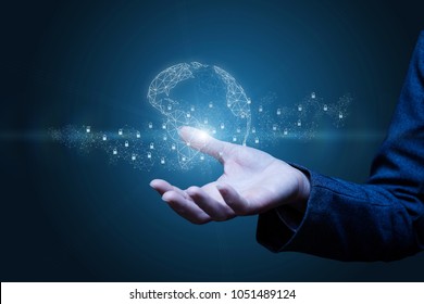 Businesswoman hand shows the system block chain on a blue background.