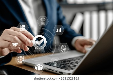 Businesswoman hand touching quality assurance icon with modern technology digital interface, quality control system and business standard management concept on virtual screen, improvement strategy.