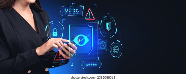 Businesswoman hands with phone, finger touch device. Virtual screen hud hologram with sensitive content warning. Crossed eye, security and hidden password. Concept of explicit or censored media