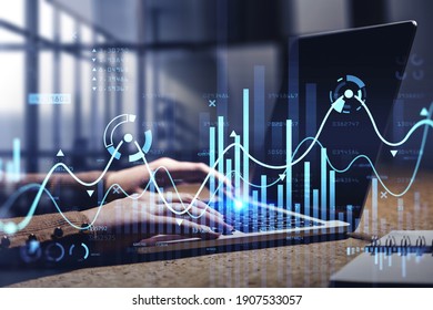 Businesswoman Hands Or Stock Trader Analyzing Stock Graph Chart By Fibonacci Indicator Using Laptop To Buy Or Sell Stock, Double Exposure Graph, Internet Trading