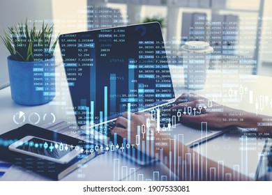 Businesswoman Hands Or Stock Trader Analyzing Stock Graph Chart By Fibonacci Indicator Using Laptop To Buy Or Sell Stock, Double Exposure Graph, Internet Trading. Office Workplace