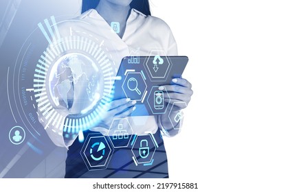 Businesswoman hands with with tablet, earth globe and digital connection hologram, data icons. Metaverse and social marketing. Concept of global internet. Copy space