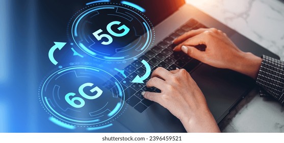 Businesswoman hands typing on laptop keyboard. 5G and 6G icons with glowing arrow hologram. Concept of futuristic connection and new generation of internet - Powered by Shutterstock