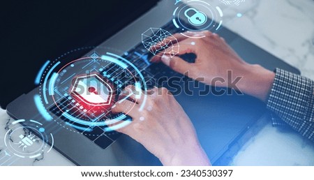 Businesswoman hands typing on laptop, glowing padlock and facial recognition hud, encrypted data and antivirus. Concept of confidential information and cybersecurity