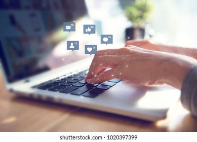 Businesswoman Hands Using Laptop With Icon Social Media And Social Network, Marketing Concept.