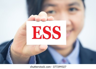 Businesswoman Holding Card With  ESS (Employee Self Service) Message.