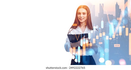 Businesswoman holding clipboard, double exposure with forex analysis hologram, candlesticks and city skyscrapers. Concept of investment and online consulting. Copy space