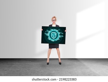 Businesswoman Holding Digital Screen With Digital Shield With Lock Hologram. Mobile Payment And Modern Technology Concept