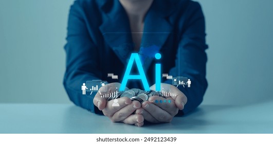 Businesswoman holding a handful of coins with an AI holographic interface overlay, representing the integration of artificial intelligence in finance and business.Chatbot Chat with AI. - Powered by Shutterstock