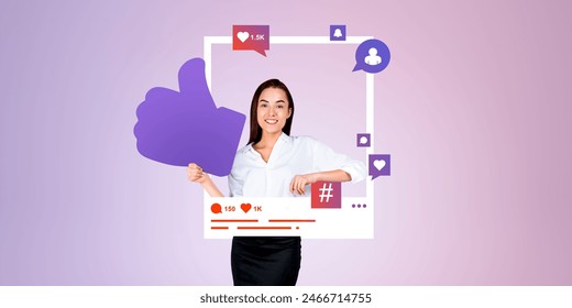 Businesswoman holding a large thumb up, photo posted on social media feed, comments and likes, pop-up notification. Concept of internet, online communication and feedback - Powered by Shutterstock