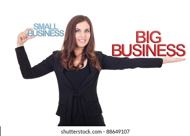 Businesswoman Holding Small Business And Big  Business In Hands, Comparison Business Different, Isolated