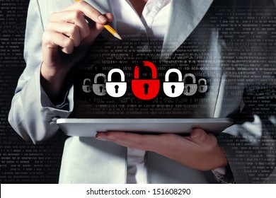 Businesswoman holding tablet pc entering password. Security concept