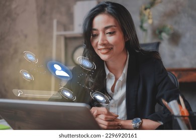 A Businesswoman or Human resources HR is searching for a right person for a job position. Concept of hiring, selection, interview, recruitment, soft skill and hard skill. Company employee match. - Shutterstock ID 2296920161