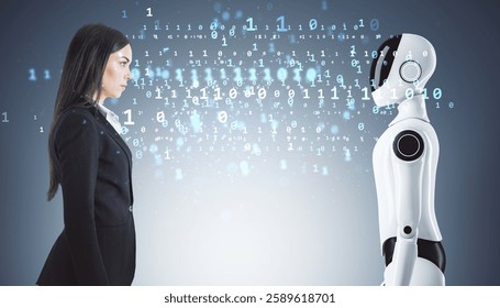 Businesswoman and humanoid robot facing each other with binary code data exchange on a futuristic abstract background, symbolizing AI communication