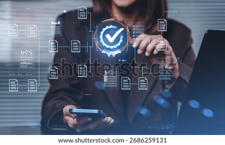Businesswoman interacting with virtual document interface, futuristic digital style, indoor office background, concept of data compliance and quality control