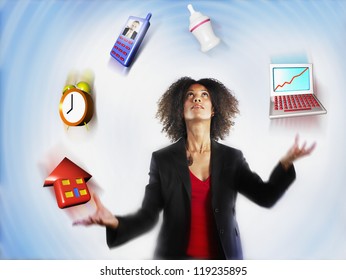 Businesswoman Juggling Responsibilities Over Colored Background