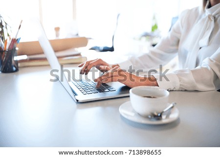 Businesswoman with laptop at the desk in her office.