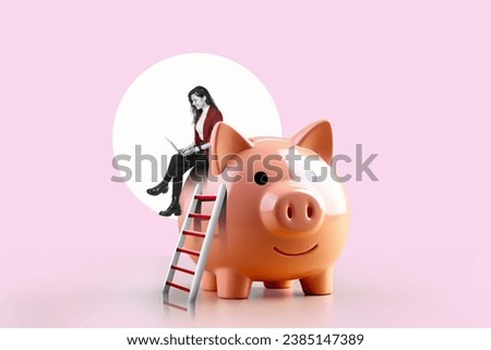 Businesswoman with laptop on a stack of sitting at a piggy bank in living room background. Success Concept. Art collage. 
