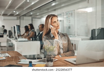 Businesswoman, laptop or phone call for thinking of ideas for planning, appointment or speaking. Creative, listen or administrator talking in office on mobile conversation for project at workplace - Powered by Shutterstock