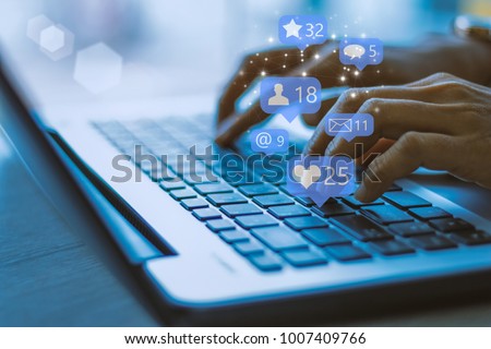  Businesswoman laptop using ,Social, media, Marketing concept / blue tone