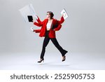 Businesswoman leaping through air, holding tablet, clipboard, and coffee, representing modern multitasking and fast-paced business life. Concept of speed, multitasking, modern businesswoman