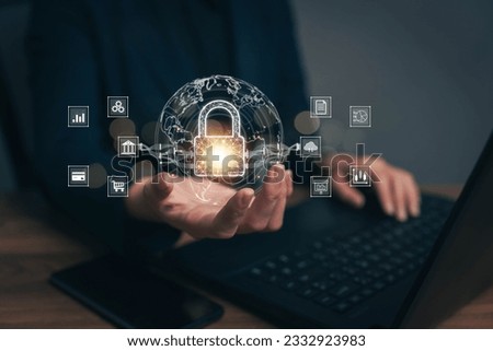 Businesswoman locking sensitive financial data for cyber security protection. cyber security concept User Privacy Security and Encryption Future technology and cybernetics lock screen key