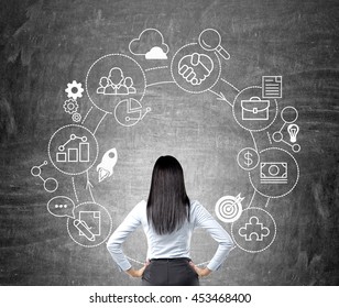 Businesswoman Looking At Business Cycle Sketch On Chalkboard Wall Background