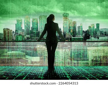 Businesswoman looking over the matrix  concept City of London. Virtual connectivity of the city. Financial district skyline with matrix background in green.