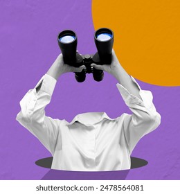 Businesswoman looking through the binoculars on a colored background. Collage art - Powered by Shutterstock