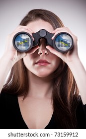 A Businesswoman Looking Through Binoculars, Seeing Conflicting Trends In Earnings Prediction, Can Be Used For Business Vision Or Business Prediction Concept