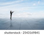 A businesswoman looking through a telescope on a rooftop, with a clear sky background, symbolizing vision and future planning