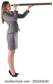 Businesswoman Looking Through A Telescope On White Background