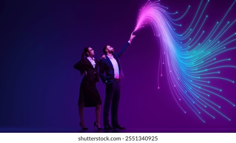 Businesswoman and man observe flowing wave of digital data against gradient vibrant background. Digital flow. Concept of information, connection, network, business, modern technology. ad