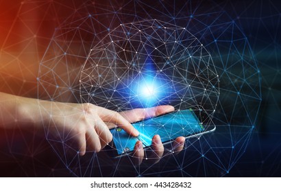 Businesswoman in office using digital data network with his mobile phone '3D rendering'