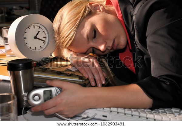 Businesswoman Office Working Overtime Falling Asleep Stock Photo