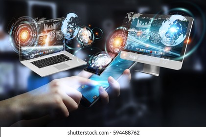 Businesswoman on blurred background connecting tech devices 3D rendering