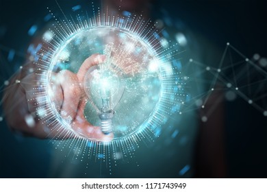 Businesswoman on blurred background holding a lighbulb with connections in her hand 3D rendering - Shutterstock ID 1171743949