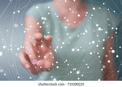 Businesswoman on blurred background holding and touching flying network connection 3D rendering - Shutterstock ID 719200225
