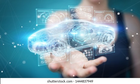 Businesswoman on blurred background modern smart car interface 3D rendering - Shutterstock ID 1444837949
