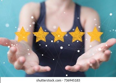 Businesswoman on blurred background rating with hand drawn stars