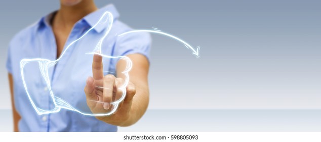 Businesswoman on blurred background touching hand drawn thumb up sketch