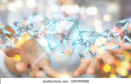 Businesswoman on blurred background using digital blue Blockchain 3D rendering