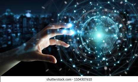 Businesswoman on blurred background using planet earth network sphere interface 3D rendering