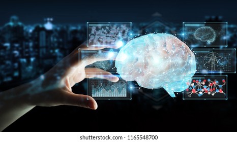 Businesswoman on blurred background using digital 3D projection of a human brain 3D rendering - Shutterstock ID 1165548700